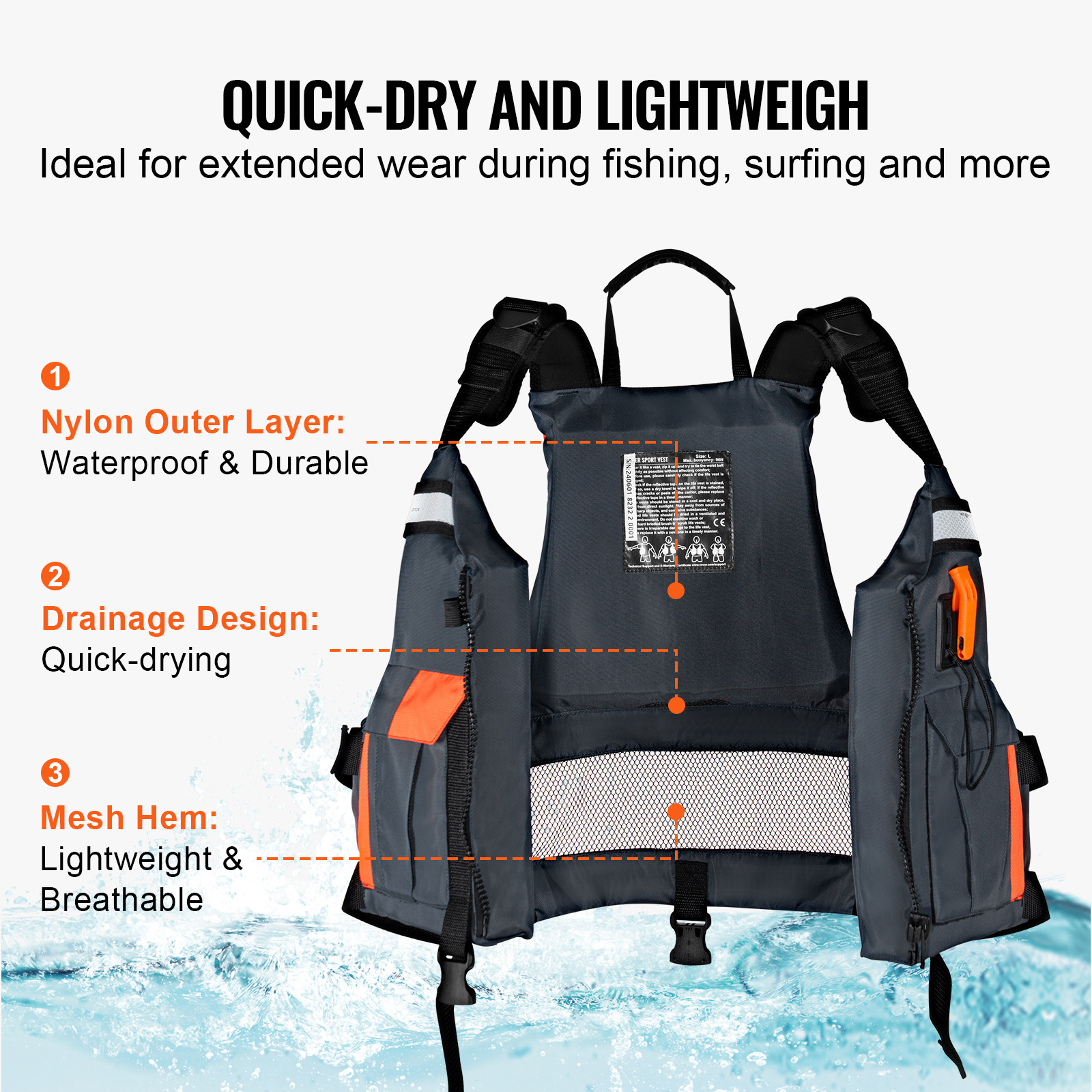 VEVOR Watersports Life Vest 96N Buoyancy Life Jacket for Men & Women L