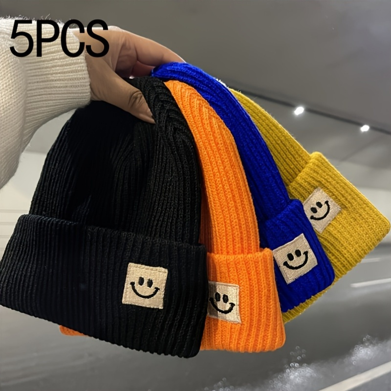 5pcs Cozy Knit Hats - Windproof Thermal Winter Hats with joyful Face Patch, 5 Color Mix (Black/Orange/Blue/Yellow/Gray) for Outdoor Sports & Cold Weather, Machine Washable, Comfortable Knit Hat, Adventure Accessories