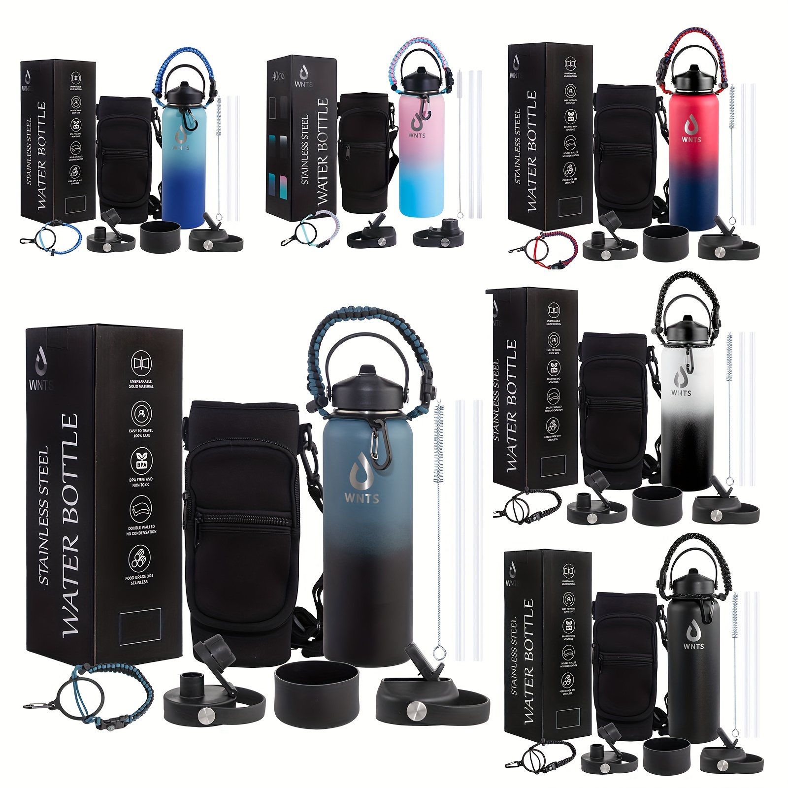 Insulated Stainless Steel Water Bottle 40oz/64oz - Double Wall Vacuum, Keeps Drinks Hot/Cold, Includes 2 Lids, Straw, Brush, Carry Bag - Great for Sports, Gym, Office
