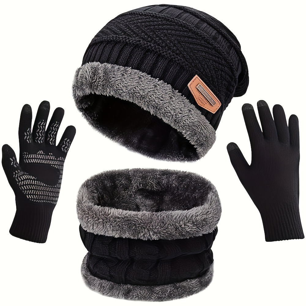 1/2/3pcs Hat Gloves Scarf, Winter Knit Beanie Hat Neck Warmer Scarf And Touch Screen Gloves Set, Fleece Lined Skull Cap, Gift for Men Women